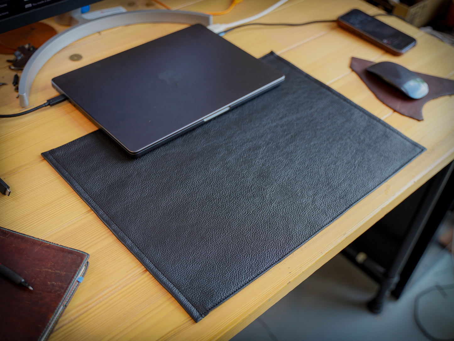 Italian Leather Table Mat with Square Corners - Black