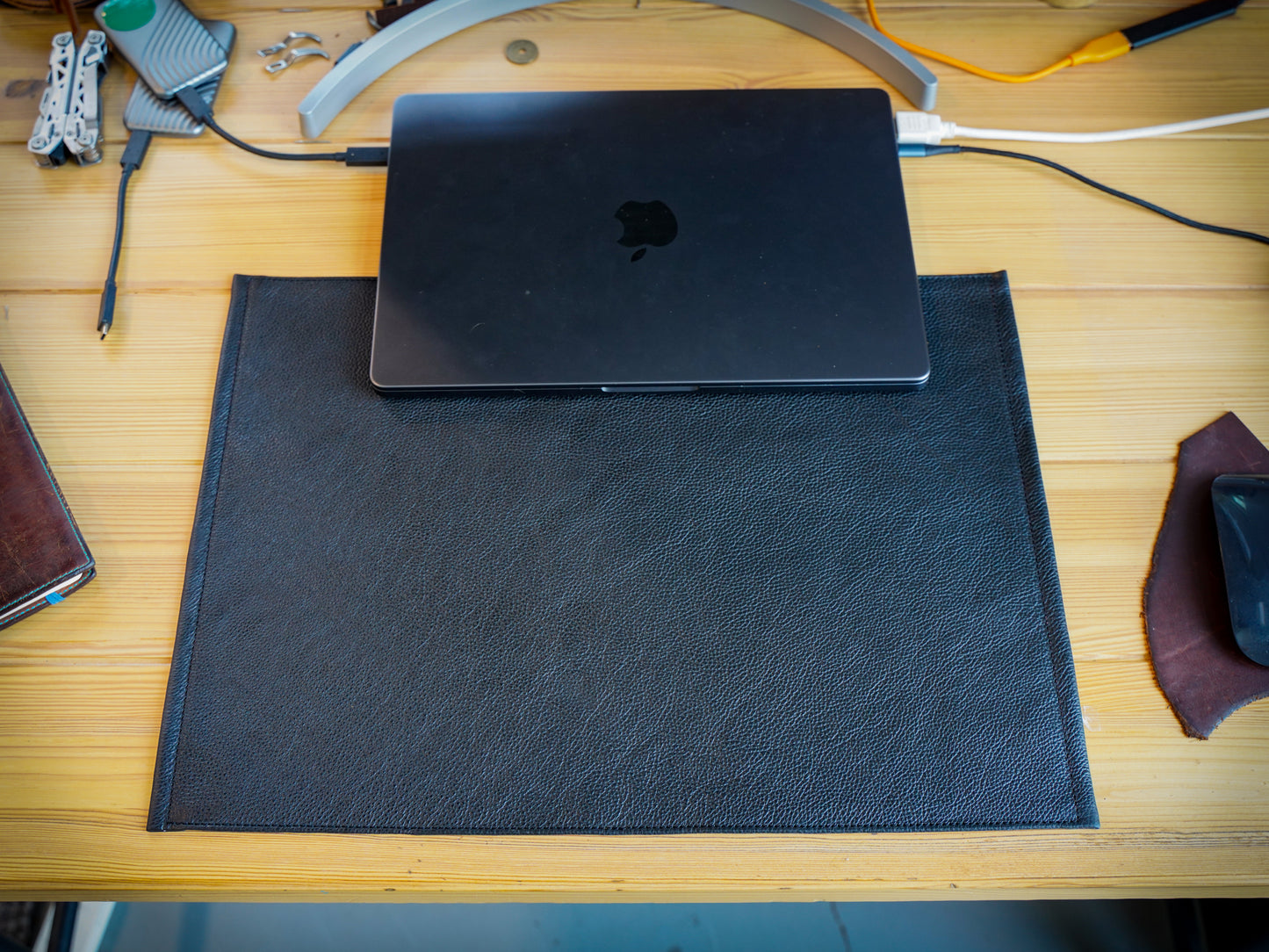 Italian Leather Table Mat with Square Corners - Black