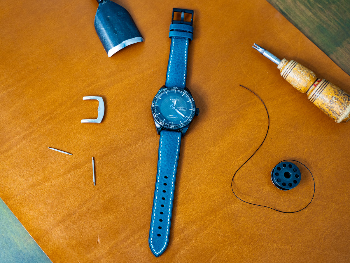 Italian Leather Watch Band with Rubber Backing - Navy