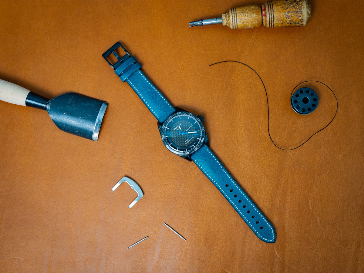 Italian Leather Watch Band with Rubber Backing - Navy