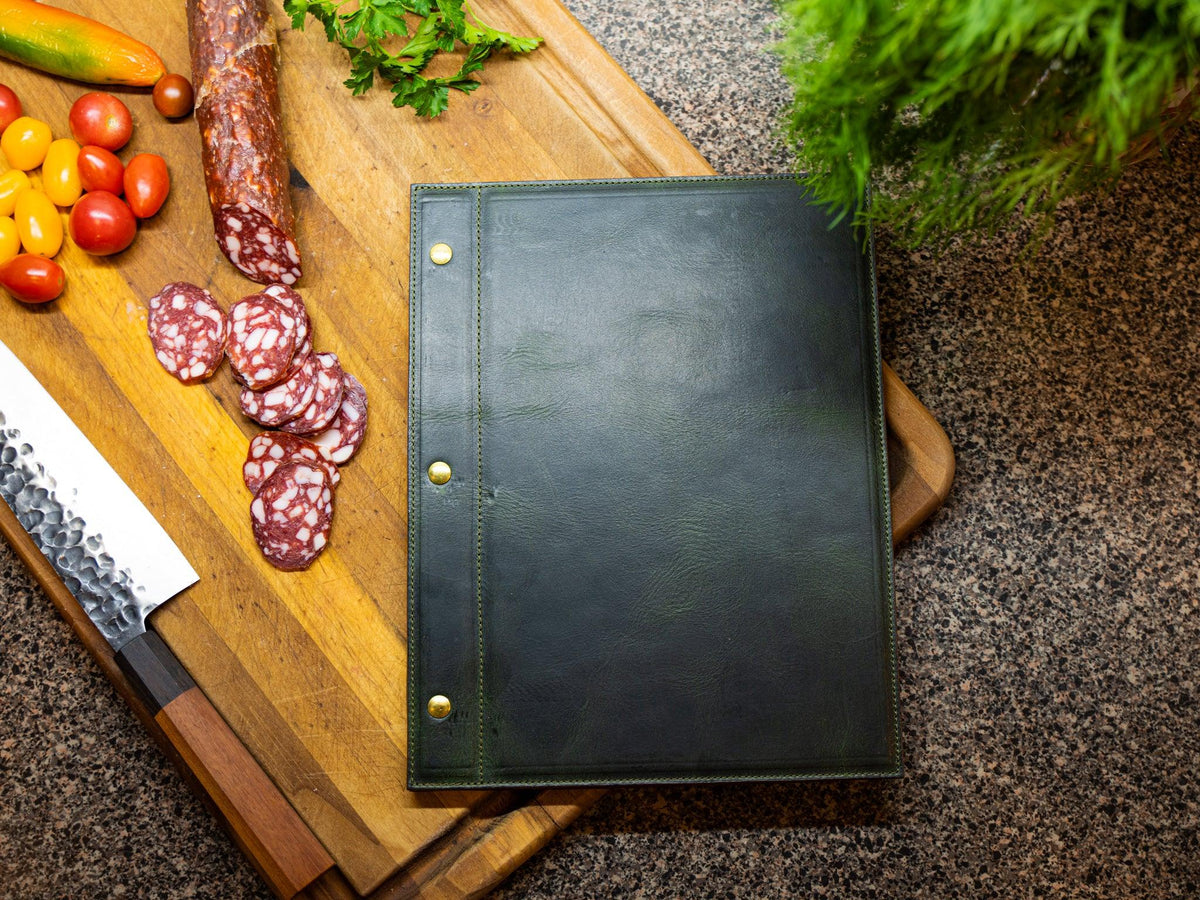 Milwaukee Leather Menu with Chicago Screws - Green Menu Cover - olpr.