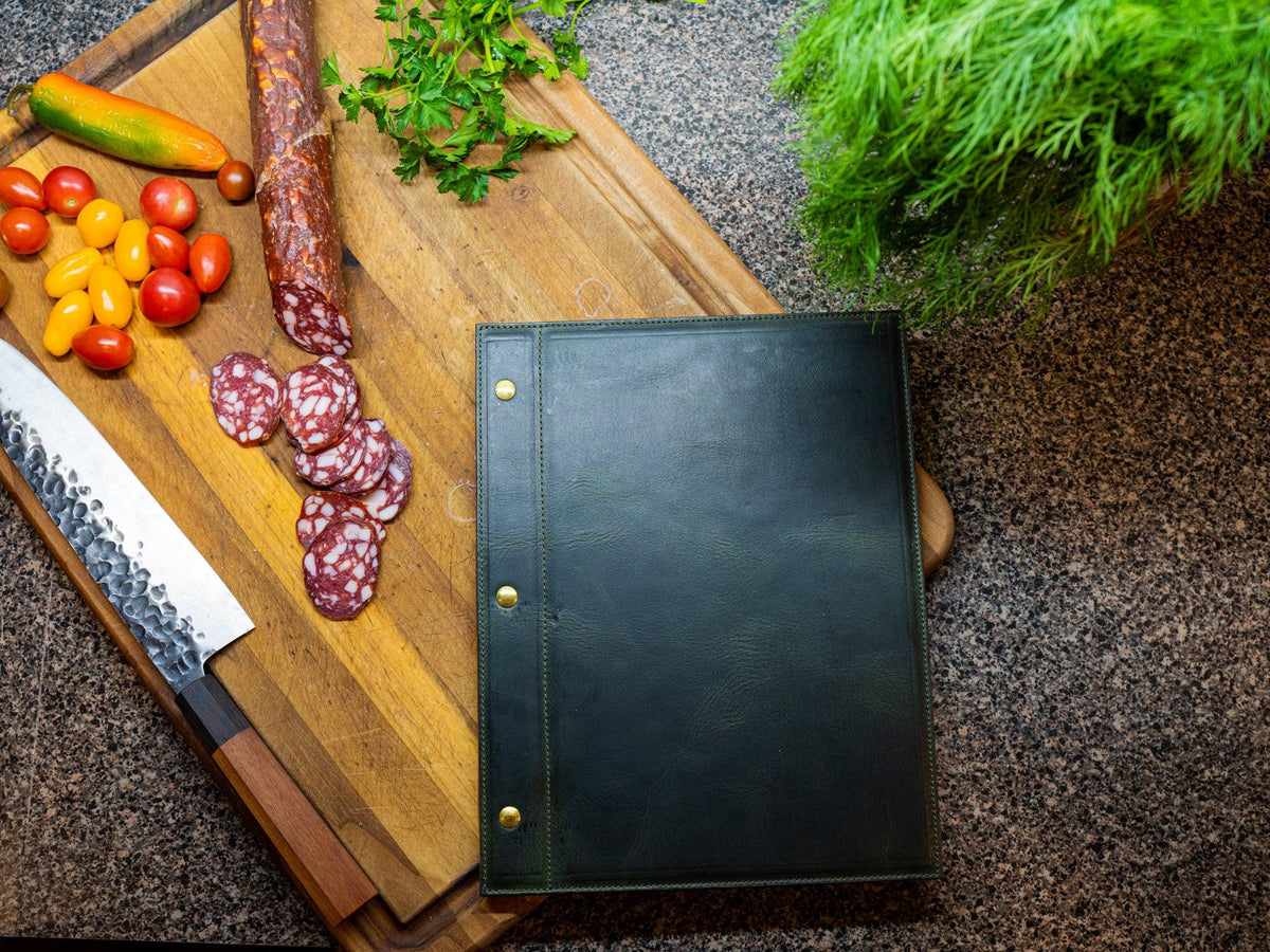 Milwaukee Leather Menu with Chicago Screws - Green Menu Cover - olpr.