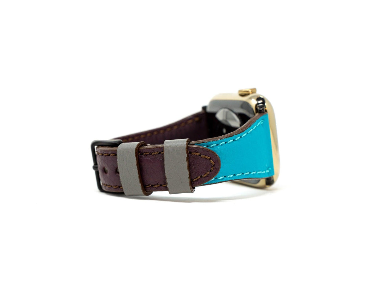 Petite Single Italian Leather Apple Watch Band - Plum and Turquoise iWatch Strap - olpr.