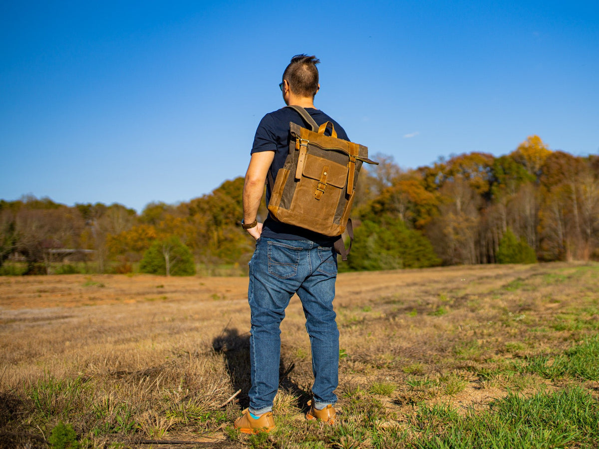 Canvas and Leather Zipper Roll Top Backpack - Brown backpack - olpr.