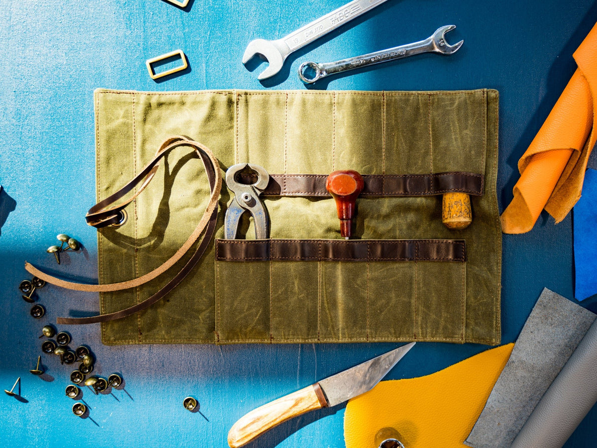 Waxed Canvas and Leather Tool Roll - Green Tool Pouch - olpr.